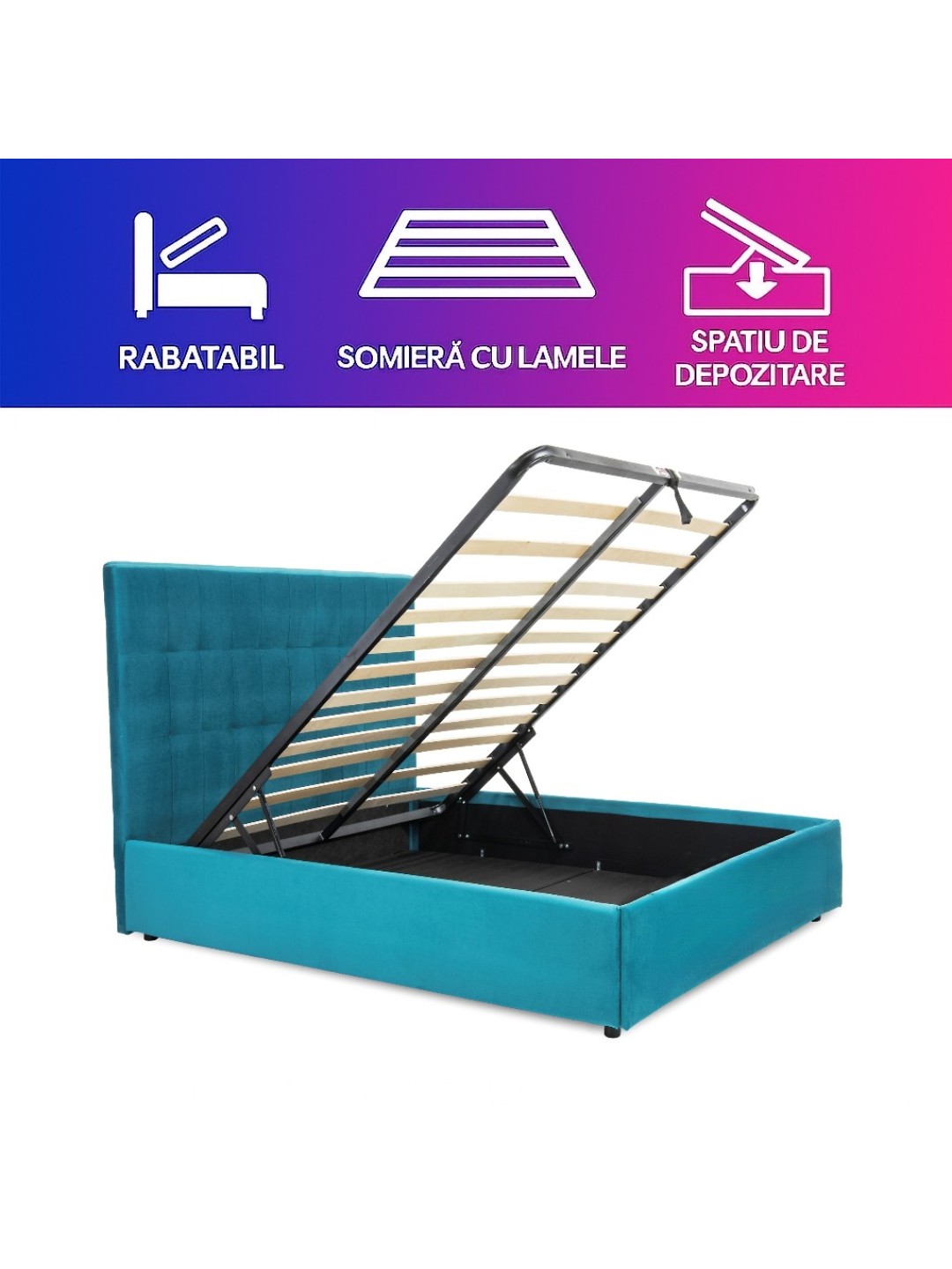 Pat tapitat NOTTURNO cu somiera rabatabila si spatiu de depozitare