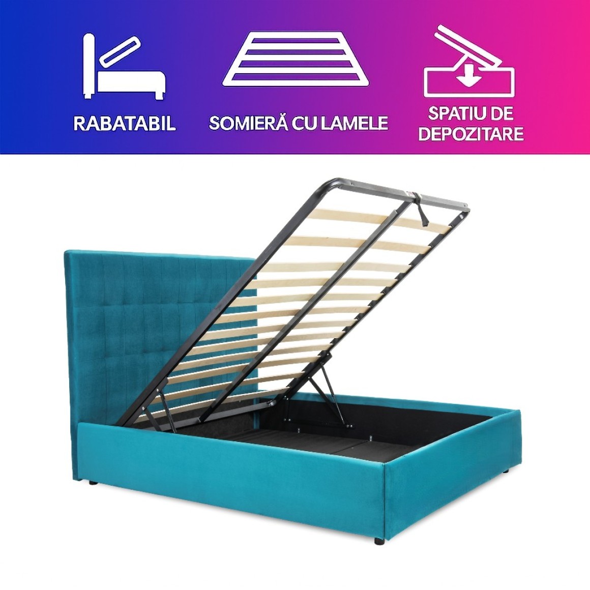 Pat tapitat NOTTURNO cu somiera rabatabila si spatiu de depozitare